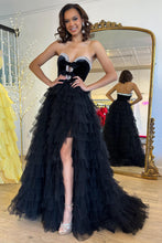 Load image into Gallery viewer, Stunning Black A-Line Sweetheart Long Ruffle Tulle Prom Dress With Beading
