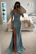 Load image into Gallery viewer, Stunning Champagne Mermaid Off The Shoulder Long Satin Prom Dress With Slit