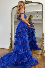 Load image into Gallery viewer, Stunning Glitter A-Line Off The Shoulder Long Tiered Prom Dress With Split