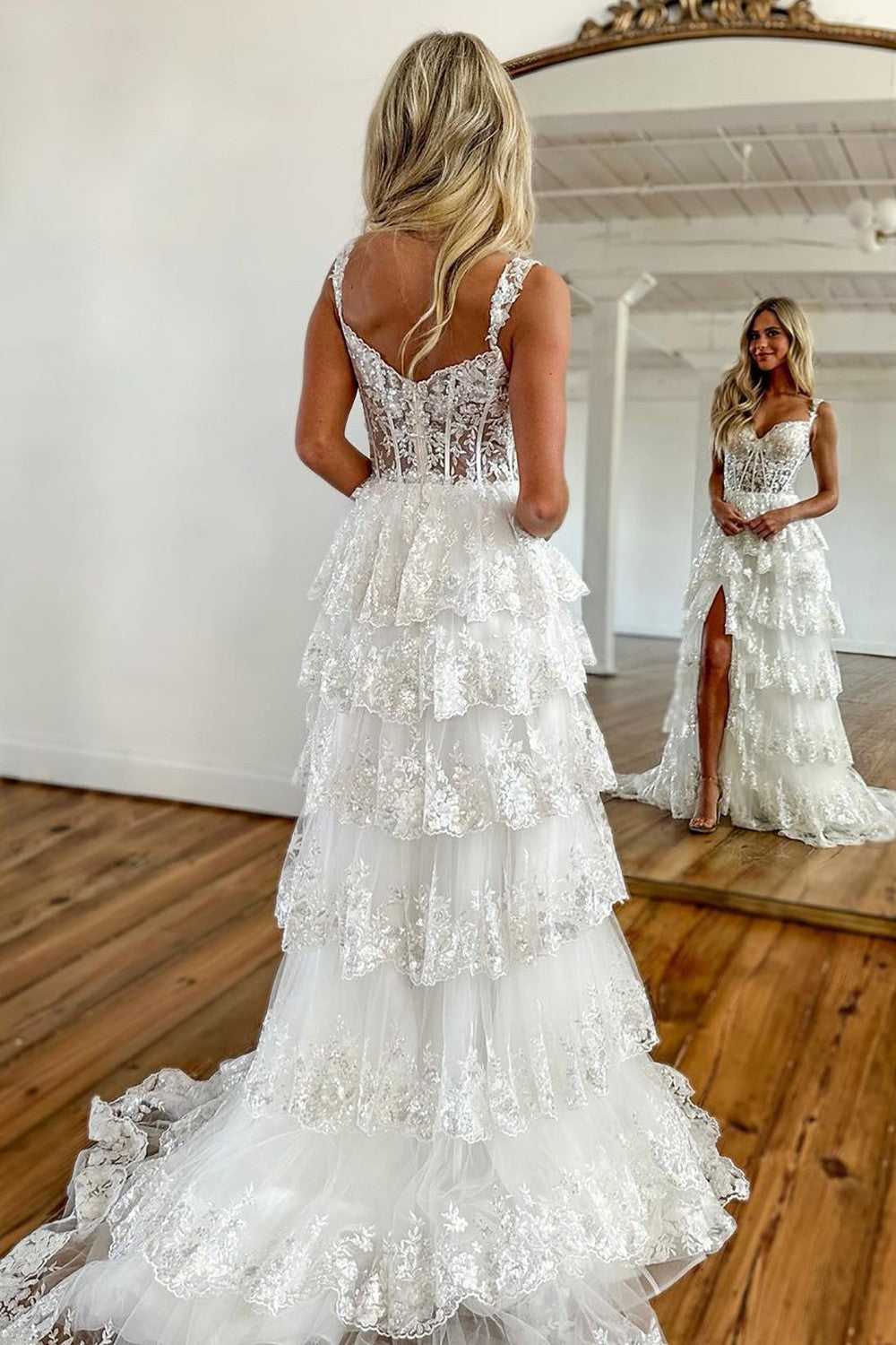 Fashion Long White A-line High Neck Lace Glitter Split Front Prom Dresses with Long Sleeves main image 1