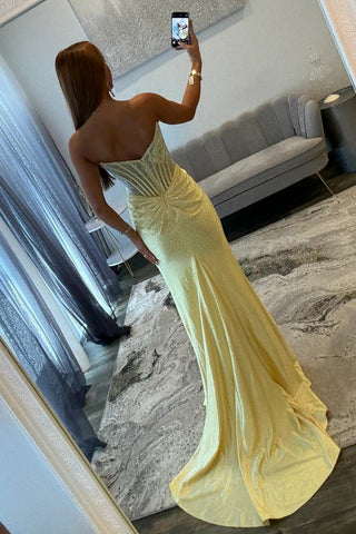 Shine Mermaid Strapless Yellow Corset Prom Dress with Beading