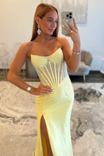 Load image into Gallery viewer, Shine Mermaid Strapless Yellow Corset Prom Dress with Beading