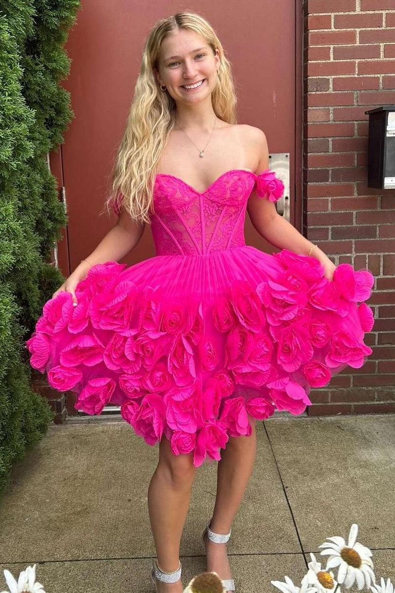 Luuvis Woman Stunning Hot Pink A-Line Off The Shoulder Short Tulle