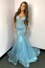 Load image into Gallery viewer, Stunning Light Blue Mermaid Spaghetti Straps Long Prom Dress with Appliques
