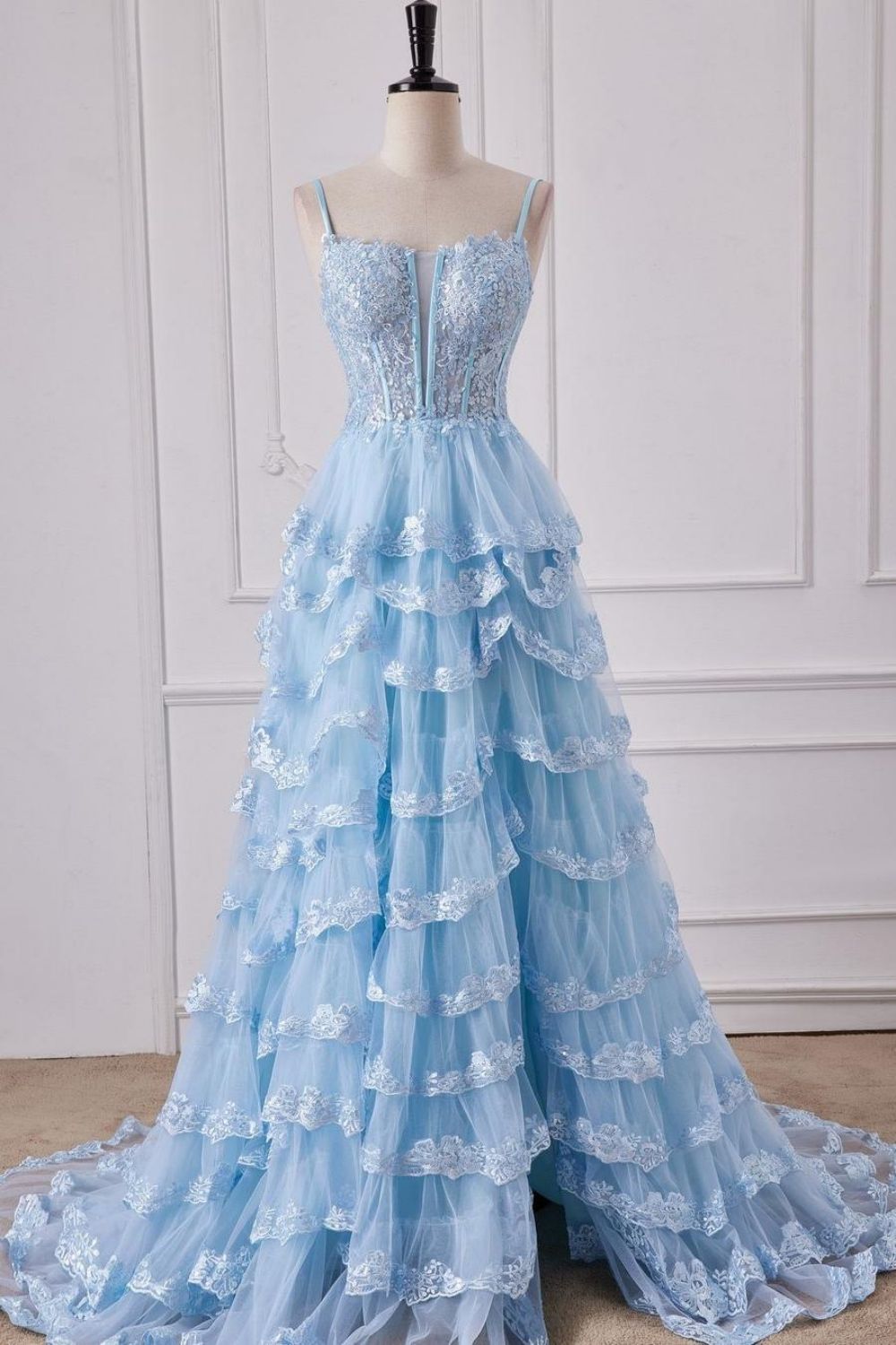 Luuvis Stunning Light Blue Spaghetti Straps A-Line Long Tiered Prom
