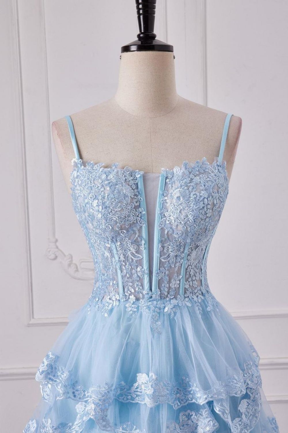 Luuvis Stunning Light Blue Spaghetti Straps A-Line Long Tiered Prom