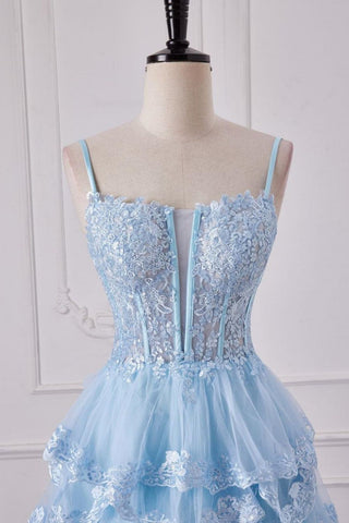 Stunning Light Blue Spaghetti Straps A-Line Long Tiered Prom Dress With Appliques