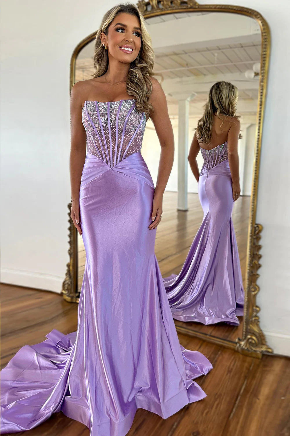 Bling Mermaid Strapless Lilac Corset Prom Dress with Beading