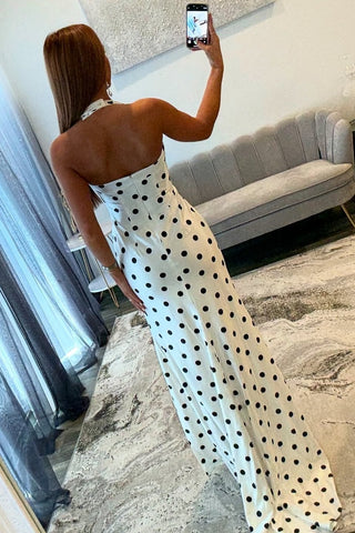 Stunning Mermaid Halter Neck White Polka Dots Long Prom Dress with Train