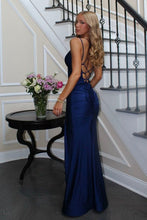 Load image into Gallery viewer, Trendy Mermaid Spaghetti Straps Navy Blue Long Prom Dress with Criss Cross Back