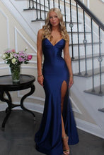 Load image into Gallery viewer, Trendy Mermaid Spaghetti Straps Navy Blue Long Prom Dress with Criss Cross Back