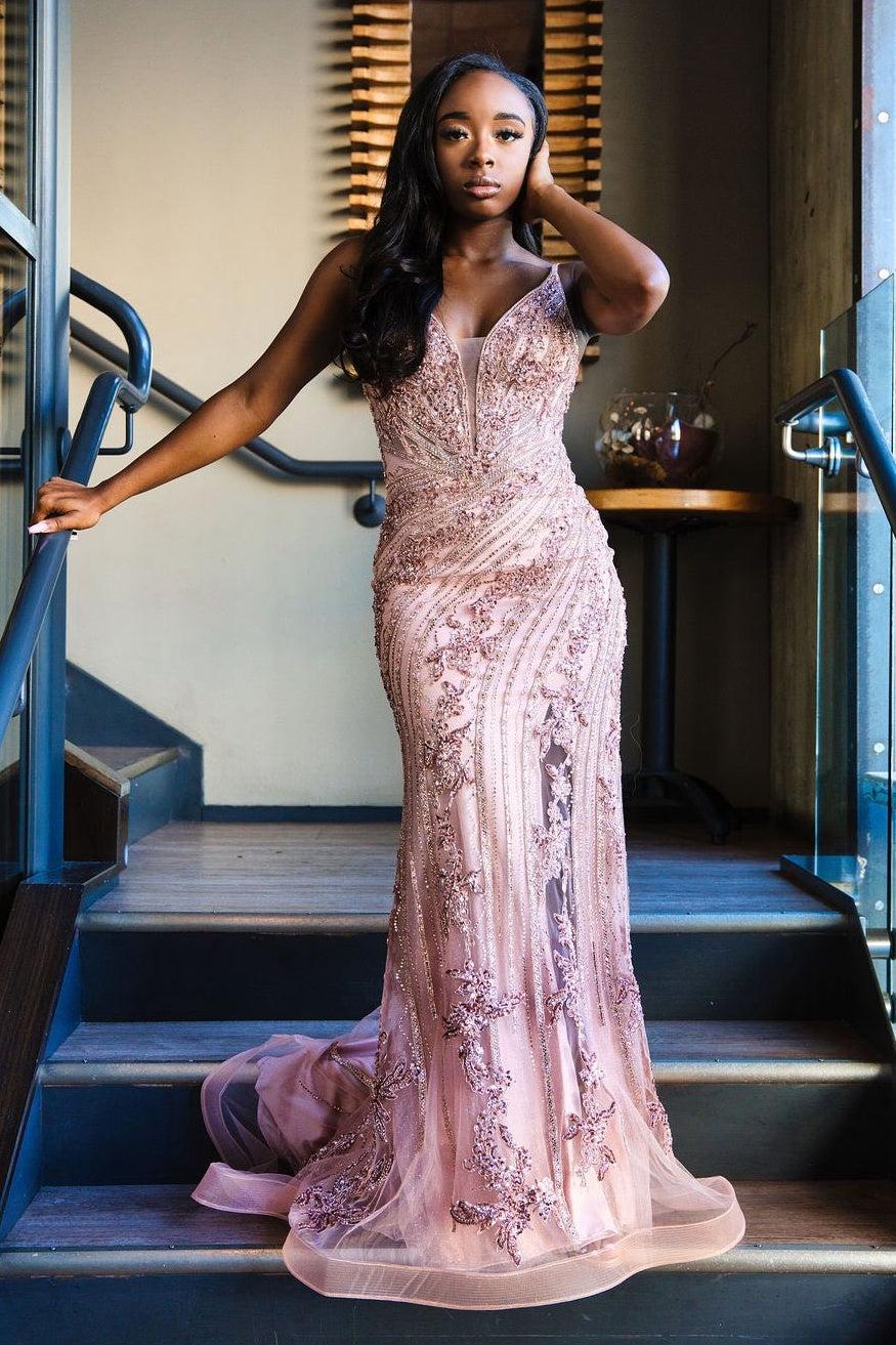 Stunning Mermaid Spaghetti Straps Pink Long Prom Dress with Appliques Beading