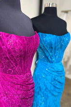 Load image into Gallery viewer, Romantic Lavender Mermaid Strapless Long Lace Prom Dress With Slit
