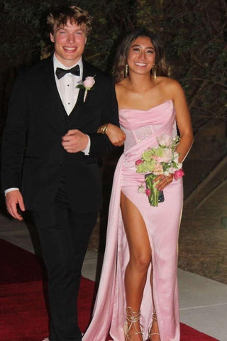 Stunning Mermaid Strapless Pink Corset Prom Dress with Split Front