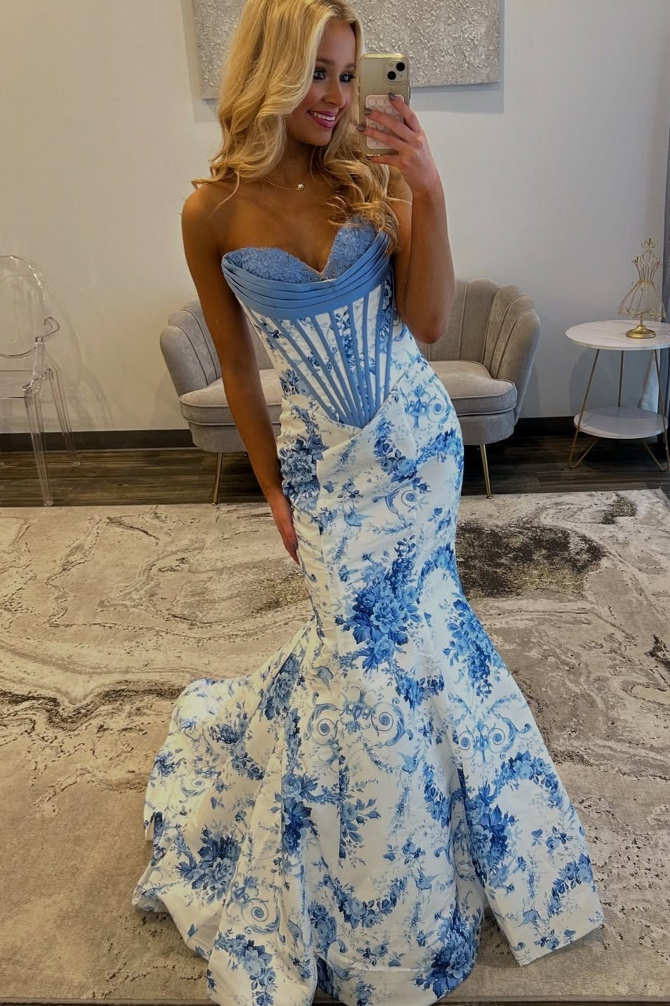 Stunning Mermaid Sweetheart Blue Floral Printed Long Prom Dress with Appliques