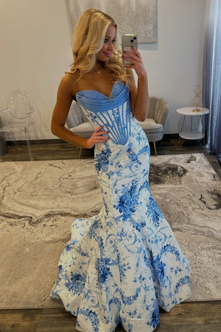 Stunning Mermaid Sweetheart Blue Floral Printed Long Prom Dress with Appliques