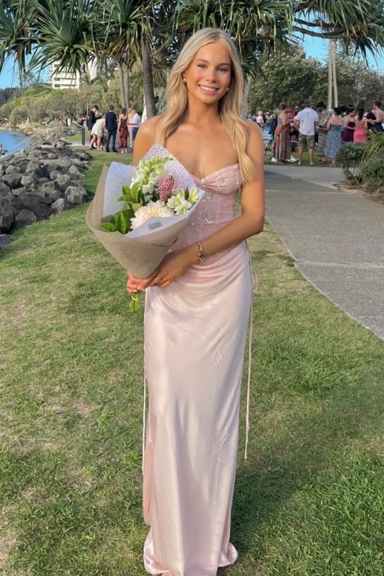 Stunning Mermaid Sweetheart Light Pink Corset Prom Dress with Appliques