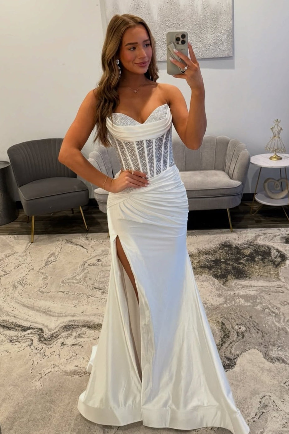 Stunning Mermaid Sweetheart White Corset Prom Dress with Beading