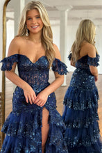 Load image into Gallery viewer, Sparkly Off The Shoulder Long Mermaid Prom Dress With Appliques And Split