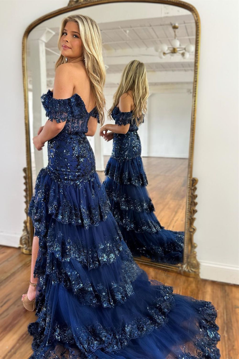 Sparkly Lace Cut Waist Split Long Mermaid Prom Dress in Red main image 0