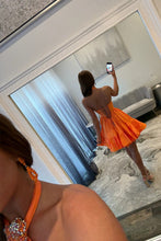 Load image into Gallery viewer, Fashionable A Line Halter Neck Orange Corset Homecoming Dress with Beading
