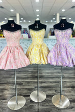 Load image into Gallery viewer, Stunning Pink Floral Brocade Homecoming Dress with Puffy Bubble Hem