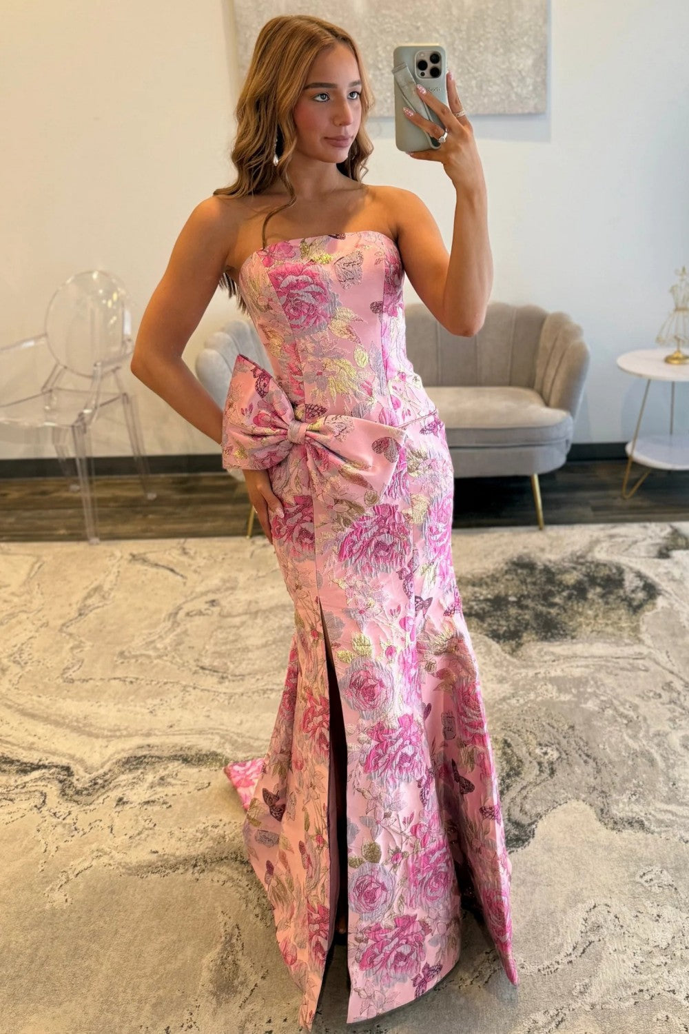 Stunning Mermaid Strapless Pink Floral Printed Long Prom Dress with Bowknot