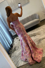 Load image into Gallery viewer, Stunning Mermaid Strapless Pink Floral Printed Long Prom Dress with Bowknot