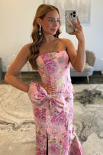 Load image into Gallery viewer, Stunning Mermaid Strapless Pink Floral Printed Long Prom Dress with Bowknot