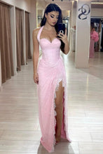 Load image into Gallery viewer, Beautiful Mermaid Halter Neck Pink Long Prom Dress with Lace Up Corset