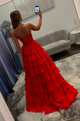 Charming A Line Sweetheart Red Corset Prom Dress with Appliques Ruffles