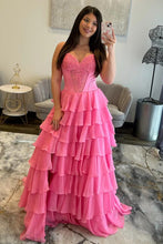 Load image into Gallery viewer, Charming A Line Sweetheart Red Corset Prom Dress with Appliques Ruffles