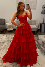 Load image into Gallery viewer, Charming A Line Sweetheart Red Corset Prom Dress with Appliques Ruffles