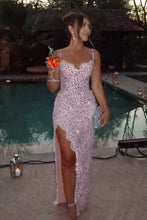 Load image into Gallery viewer, Luxurious Sheath Spaghetti Straps Pink Lace Party Dress with Beading