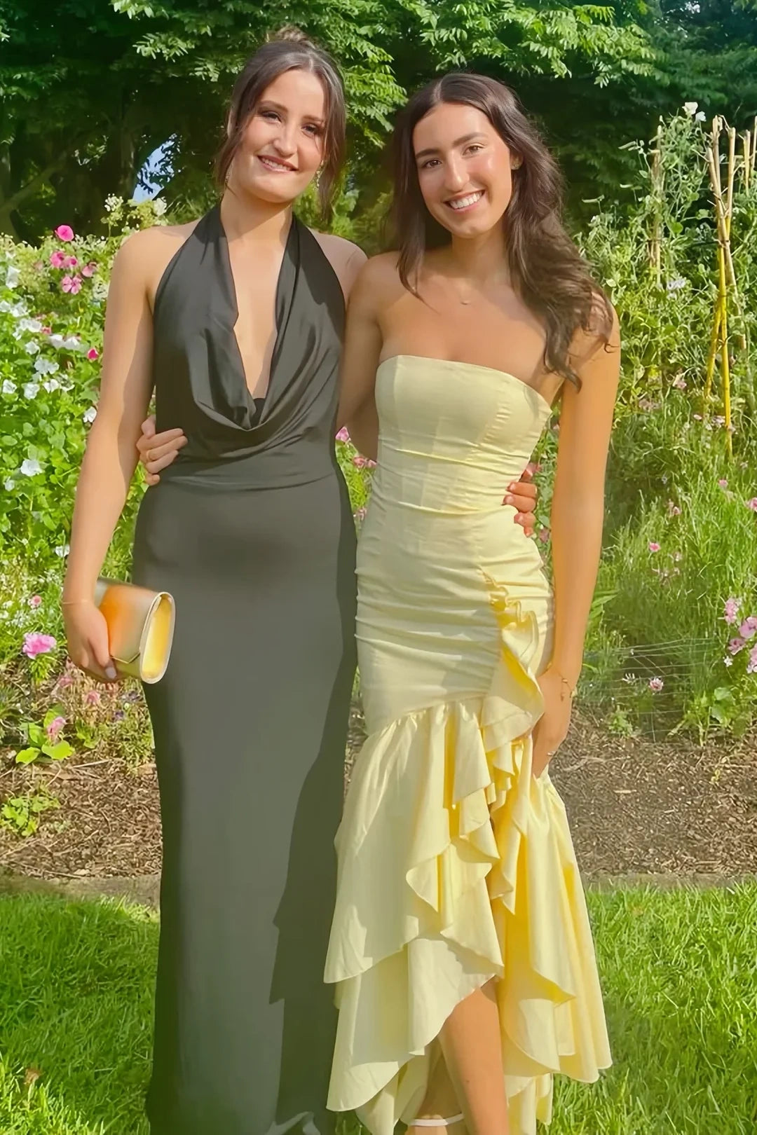 Stunning Sheath Strapless Yellow Long Prom Dress with Ruffles
