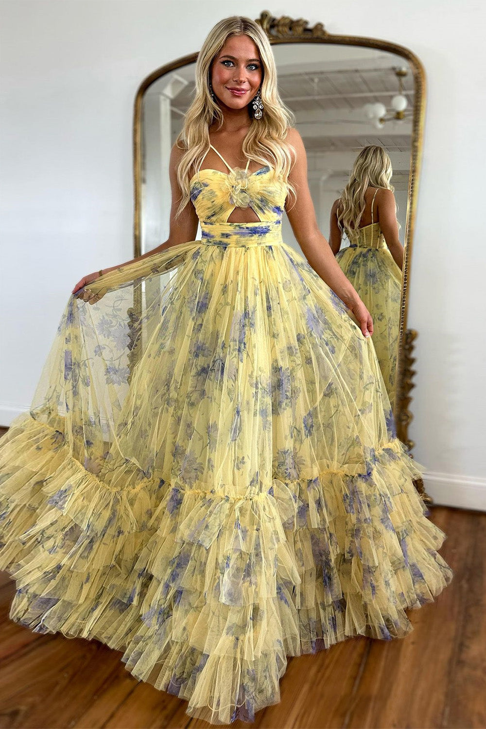 Luuvis Women Cute Yellow Long A-Line Halter Neck Tulle Prom Dress With Ruffles Luuvis Women Cute Yellow Long A-Line Halter Neck Tulle Prom Dress With Ruffles