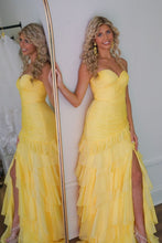 Load image into Gallery viewer, Stunning Yellow Mermaid Sweetheart Long Tiered Tulle Prom Dress with Slit

