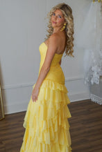 Load image into Gallery viewer, Stunning Yellow Mermaid Sweetheart Long Tiered Tulle Prom Dress with Slit

