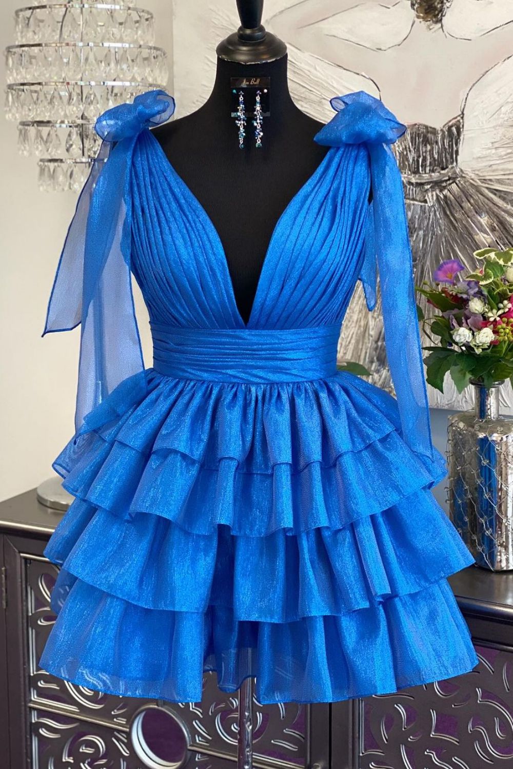 A-Line Deep V Neck Tiered Homecoming Dress