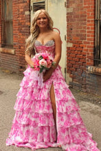 Load image into Gallery viewer, Stunning A Line Sweetheart Blue Printed Corset Prom Dress with Beading Ruffles
