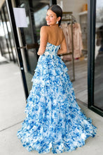 Load image into Gallery viewer, Stunning A Line Sweetheart Blue Printed Corset Prom Dress with Beading Ruffles
