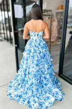 Load image into Gallery viewer, Stunning A Line Sweetheart Blue Printed Corset Prom Dress with Beading Ruffles
