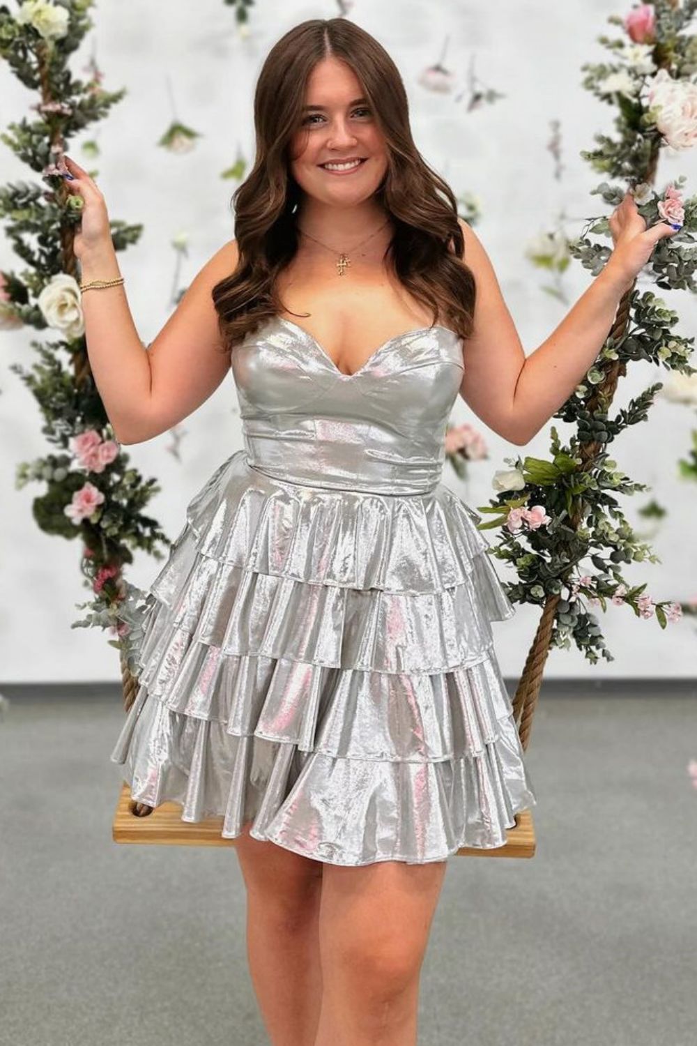 Multi-Tiered Gold Beaded Short Homecoming Dress, Straps V Neck Sweet 16 Dresses UQ2122