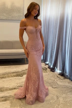 Load image into Gallery viewer, Stunning Mermaid Off the Shoulder Navy Long Prom Dress with Appliques Beading