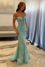 Load image into Gallery viewer, Stunning Mermaid Off the Shoulder Navy Long Prom Dress with Appliques Beading