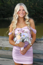 Load image into Gallery viewer, Stylish Sheath Off the Shoulder Pink Short Homecoming Dress with Ruched