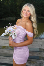 Load image into Gallery viewer, Stylish Sheath Off the Shoulder Pink Short Homecoming Dress with Ruched