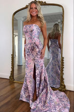 Load image into Gallery viewer, Stunning Mermaid Strapless Pink Floral Printed Long Prom Dress with Bowknot