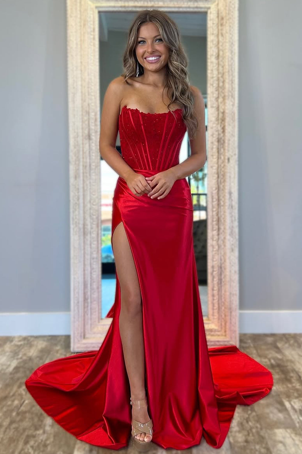 Red Stunning Strapless Glitter Top Long Satin Prom Dress with Slit