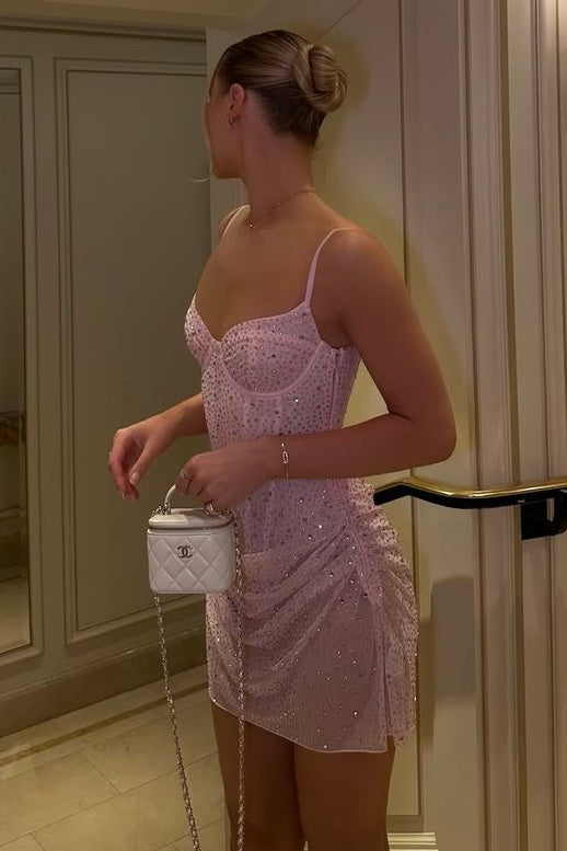 Stunning Sheath Spaghetti Straps Light Pink Corset Homecoming Dress with Beading